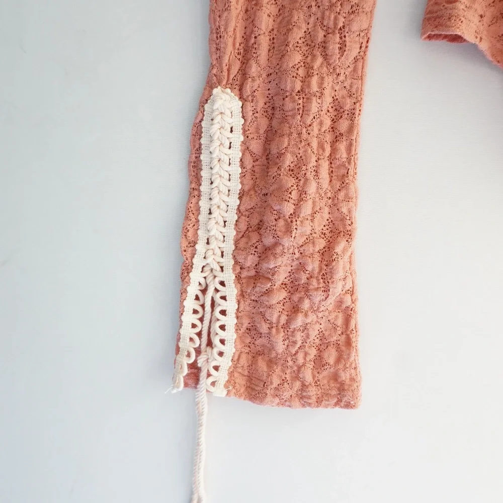 Free People Lace Ruched Top Blouse Long Sleeve Drawstring Peach Boho Bohemian‎ S